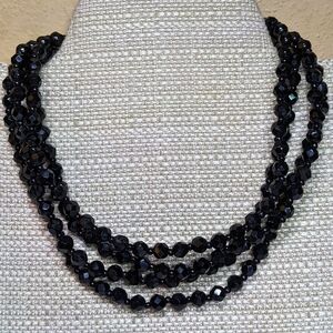 Vintage 4-Strand Choker Necklace, Jet Black Faceted Beads, Adjustable